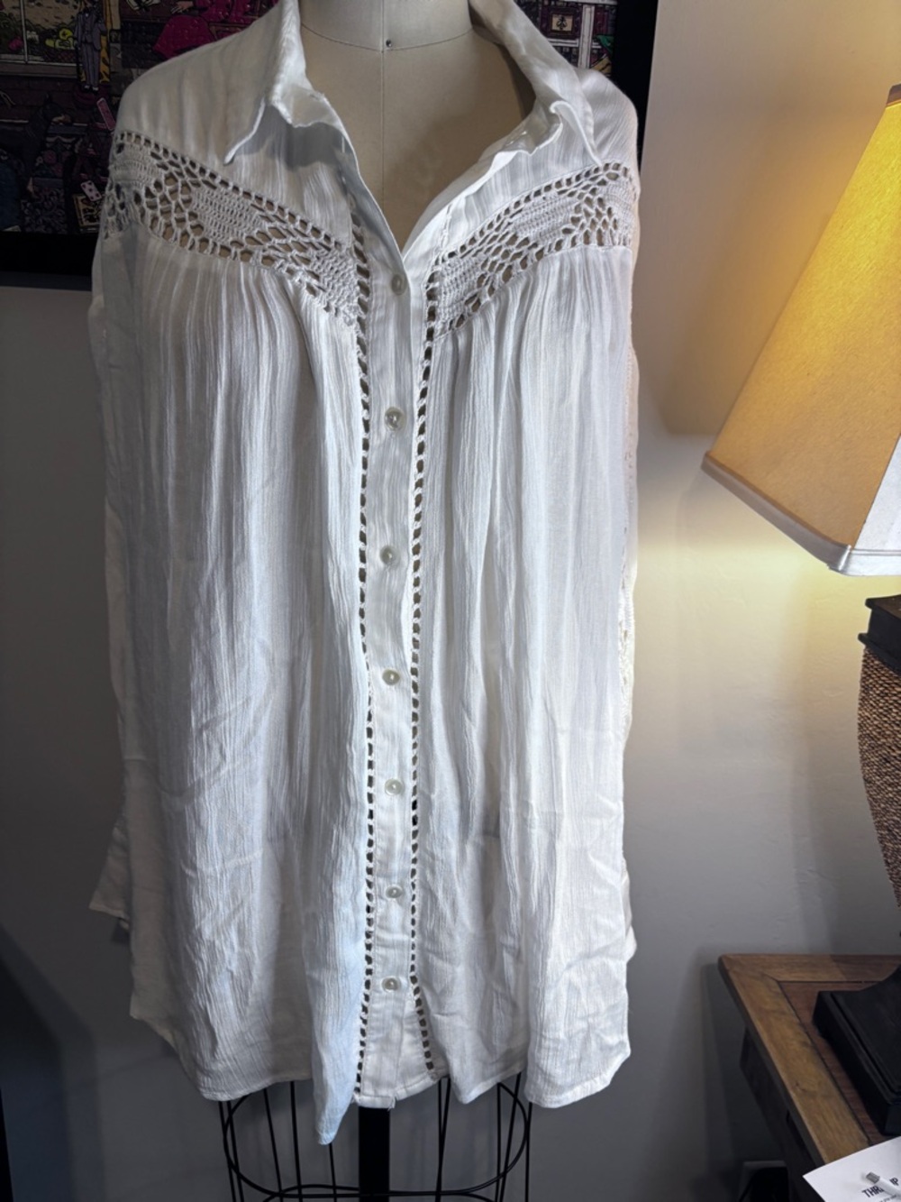White Button-Front Boho Tunic with Crochet Yoke